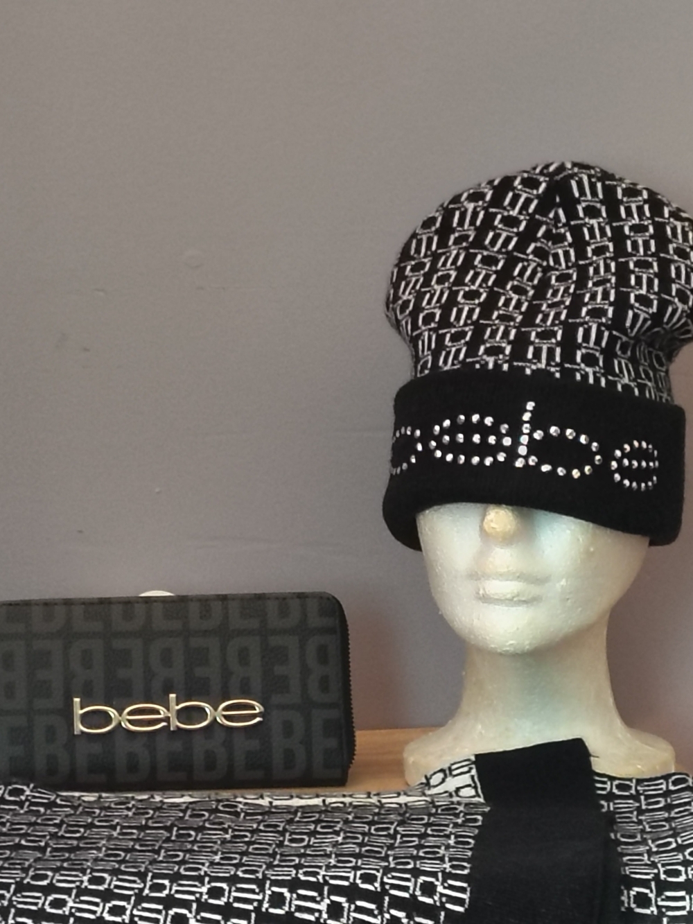 bebe Black & White Logo Knit Beanie, w Studded Cuff, Reversible Scarf & Wristlet